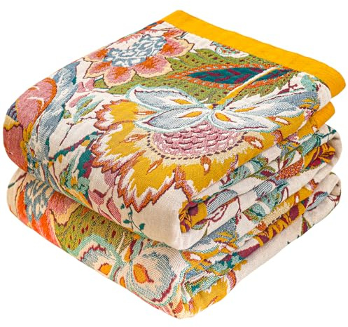 HOORDRY Tagesdecke Doppelseitig 100% Baumwolle,Dekorative Boho Decke mit Stickereihandwerk Blumenmotiven,Sofadecke,Sesseldecke oder Bettüberwurf Verwendet Werden für alle Jahreszeiten,150x200CM