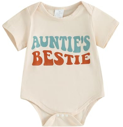 Zukmuk Newborn Infant Baby Boy Girls Romper Crewneck Aunties Little Bestie Letter Embroidery Waffle Oversized Bubble Bodysuit Baby Unisex Outfit (Apricot, 0-3 Months)
