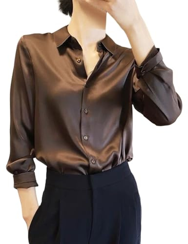 Blusa Mujer Elegante Fiesta Raso Blusas Elegantes de Satén Manga Larga Camisa Talla Grande Chic Oficina Camiseta Color Sólido Casual Top Cuello Abierto con Botones Seda Tops Cómodo Moda Básico Boda