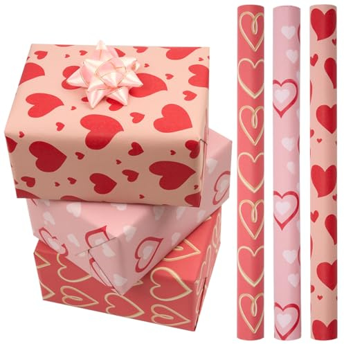 Lot de 3 rouleaux de papier cadeau rose - 43 cm x 3 m - Motif cœur - Idéal pour la Saint-Valentin, un anniversaire, un mariage et d'autres occasions