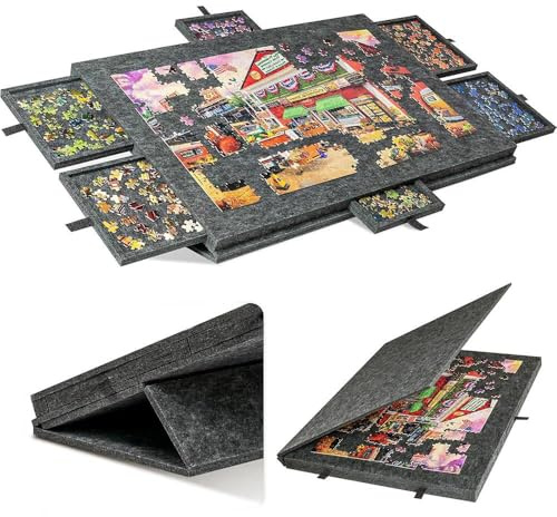 Ccarzzi Tilting Jigsaw Puzzle Board, Foldable Puzzle Board with 2-in-1 Designed Stand & Cover, Lightweight Felt Jigsaw Board with 6 drawers, Up to 1000 Pieces(Dark Gray)