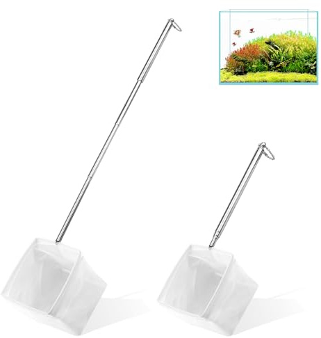 Epuisette Aquarium, 2PCS Mini Épuisette Aquarium 8CM Mailles Fines Carrées Souples avec Manche Extensible en Acier Inoxydable pour Aquariums et Petits Bassins(13-40cm)