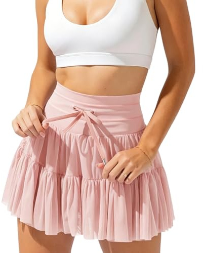 DOINEUFL Skorts for Women UK, High Waisted Tennis Skirt with Shorts Underneath, Flowy Ruffle Mini Skort with Pockets & Drawstring for Golf, Running, Workout