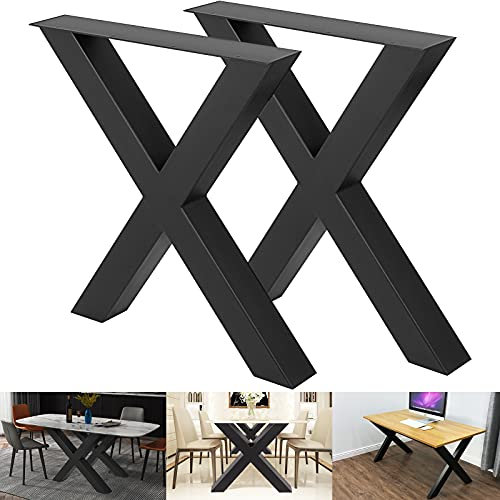 VEVOR Set of 2 Steel Table Legs, 28 Height 31 Wide Dining Table Legs,Heavy Duty 3.1 Square Box Section X Frame Table Legs,28x31x3.1 Inch Black Color Industrial Country Style Metal Dining Legs