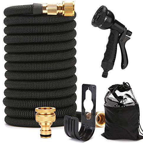 EVERGD Expandable Garden Hose, Upgraded 3-Layer Latex Lightweight Hose Pipe, 3/4&1/2 Solid Brass Connectors, Black No-Kink Flexible Water Hose with 8 Function Spray (50FT)