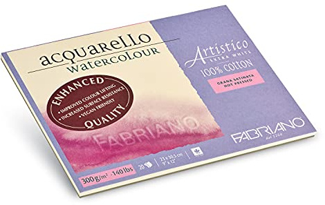 Honsell 19302330 Fabriano Artistico Acquarello Watercolour, extra bianco, satinato pressato, 23 x 30,5 cm, 20 fogli da 300 g/m², cartoncino per acquerello di alta qualità, blocco incollato su 4 lati