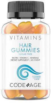 Codeage Hair Gummies, Biotin 5000 mcg, Sugar Free Growth Gummy Vitamins A, C, B6, B12, D3, Zinc, Inositol Supplement, Women & Men, Pantothenic Folic Acid, Nails, Skin, Strawberry Coconut Flavor, 60 ct