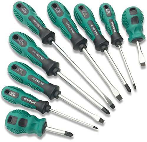 LiRiQi Jeu de 9 Tournevis,Lot de tournevis à têtes plates et cruciformes aimantées,Acier chrome vanadium Outils Professionnels, Coussin Grip, Avec sac de rangement (PH 4 tailles, SL 5 tailles)