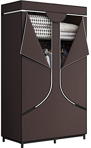SORCEDAS Portable Wardrobe Closet Storage Organizer Metal Hanging Rack Non-Woven Fabric 34 Inch Coffee (34 Inch, Coffee)