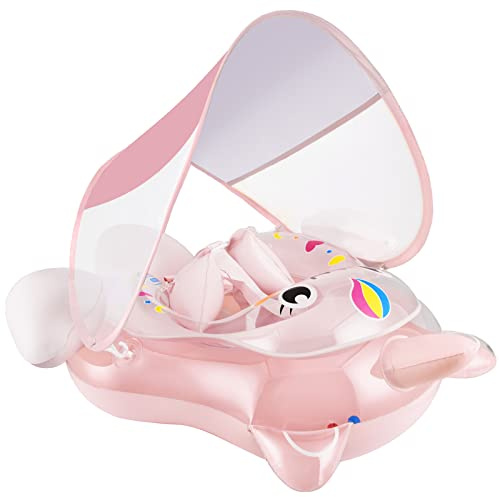 Mabecol Bouee Bebe, Bouée Bébé Parasol Bébé Sièg Bouee Enfant de 6 à 26 Mois avec Auvent Amovible, Boue Flotteur Bebe Piscine Swimtrainer Protection Solaire pour Enfants Anneau de Natation (Rose)