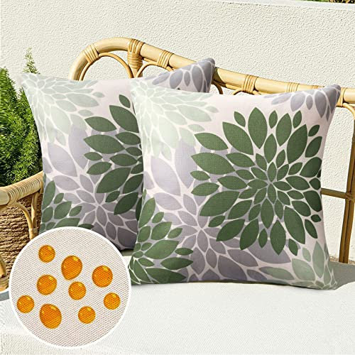 Kissenbezug 40x40 Frühling Sommer Grün Wasserdichte Sofakissen Dekokissen Kissenhülle Leinen Outdoor Kissen Bezug Blumen Boho Deko Zierkissen für Sofa Couch Wohnzimmer 2er Set