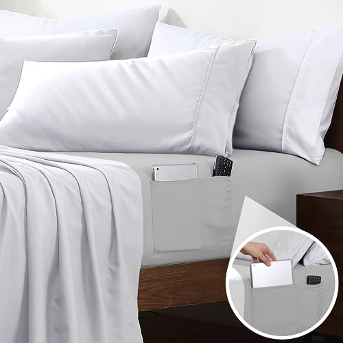 Cathay Home Full Double-Sided Organizer Pocket Fitted Smart Sheet - Double Brushed Ultra Soft – Wrinkle & Fade Resistant - 14 Deep Pocket Fitted Sheet Only (Full, Light Grey)