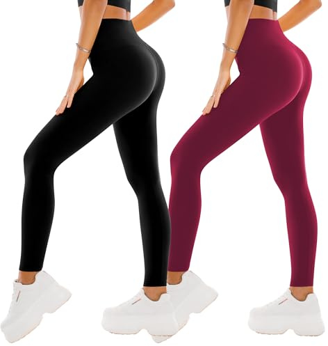 SINOPHANT 2 Confezione Leggins Sportivi Donna a Vita Alta, Pantaloni Yoga Controllo della Pancia Opaco Elastici Leggings,XXL,Nero/Vino Rosso