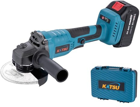 KATSU FIT-BAT 21V Smerigliatrice Angolare a Batteria Brushless 115 mm con 3,0 Ah Batteria e Caricabatterie, 3 Velocità, in Scatola di Plastica per Lucidatura Smerigliatura