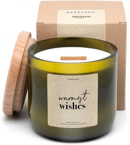 Große Duftkerze, 450g Sojawachs in hochwertig recyceltem Weinglas - mit Holzdeckel, Holzdocht - nachhaltiges Geschenk - brennt 90-100 Std - Warmest wishes