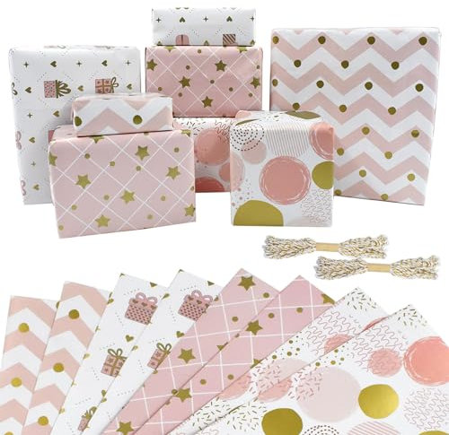 8 Blatt rosafarbenes Geschenkpapier im Format 50 x 70 cm mit Schnur, recycelbares Geburtstagspapier, perfekt für Geschenkdekorationen zum Geburtstag, Valentinstag und Muttertag.