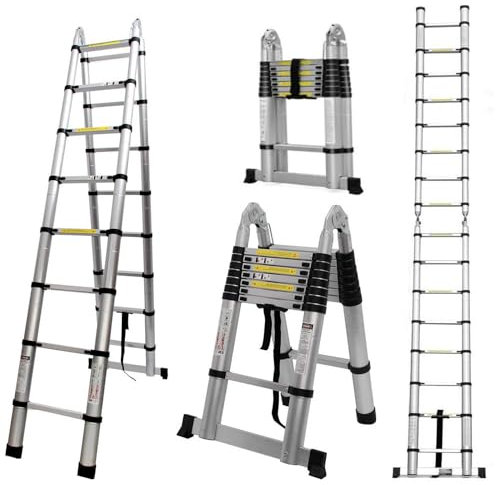 COOCHEER Escalera telescópica Plegable 5M, 2 en 1, Escalera Plegable de Aluminio con 16 peldaños, Carga máxima 150 kg, Plata Pura