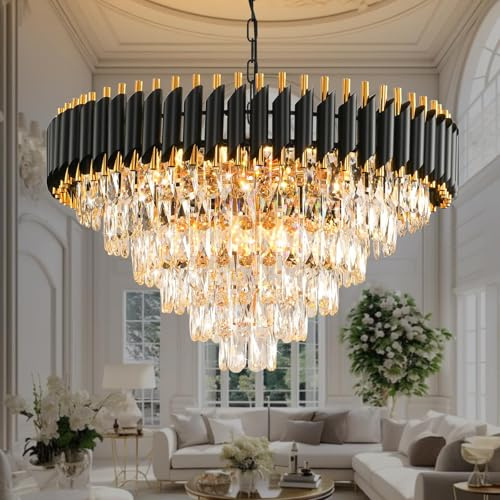 MSSIAN Gold Modern Crystal Chandelier - 6-Tier Round Crystal Chandelier Light Fixture, Black, Large, for Dining Room, Living Room, Bedroom, Entryway, E14*15Light