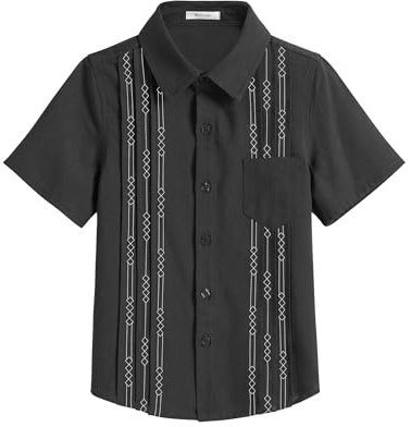 Arshiner Chemise Garçons Guayabera Enfants Eté Coton Manches Courtes Mode Boutonnés Brodé Shirt Loisirs Poche de Poitrine Chemises pour Garçons 11-12 Ans Noir