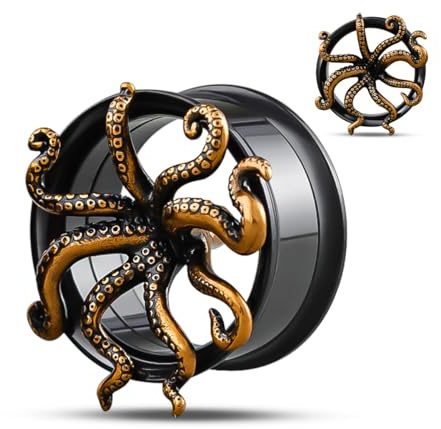 COOEAR Screw Back Stainless Steel Ear Tunnel and Plug Gauges for Earrings, Octopus Logo Piercing Expander Stretchers., 10 mm, Stainless Steel, sandstone