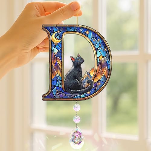 Suncatchers for Windows Hanging, Cat Starry Night Gifts for Women, Crystal Sun Catchers Indoor Window Rainbow Maker. Black Cat Lover Gifts for Women Personalized - Letter D