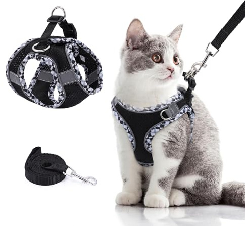 OQIMAX Harnais pour Chat, Harnais Chaton Réglable, Harnais Chien Laisse Anti Évasion, Chat Refléchissant Gilet Respirant, Harnais et Laisse Sécurité, Harnais et Laisse pour Chat Puppy, XXS, Noir