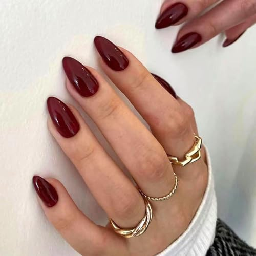 30Pcs Almond False Nails Medium - Wine Red French Tip Press on Nails Glossy Pure Color Gel Fake Nails, Natural Burgundy Full Cover Acrylic Oval Stick on Nails Reusable (Wine Red)