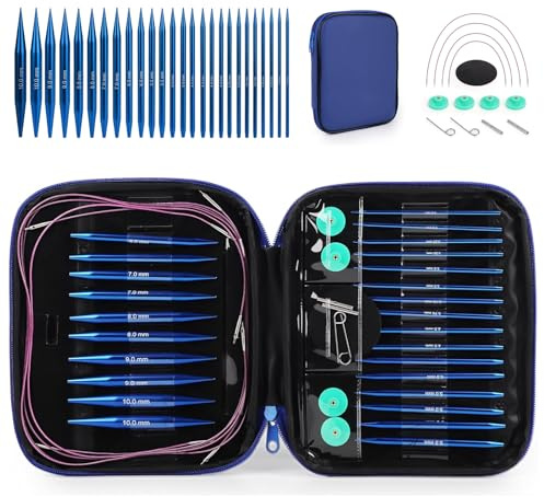 Set Ferri da Maglia Circolari Intercambiabili KOSLEOW, 13 Paia di Punte (3,0-10,0mm) con Cavi 40/60/80/100cm, Ferri Circolari in Alluminio Anodizzato Blu per Lana Grossa, Borsa di Custodia
