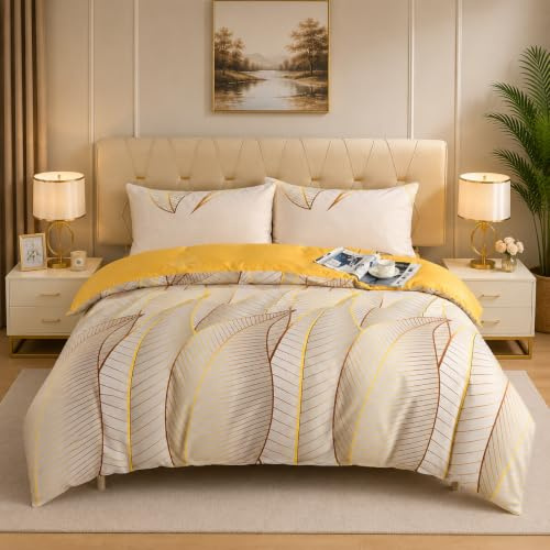 Textile Home Home Décor Gold Leaves Double Bedding Set 4 Piece - Silky Microfiber Complete Bedding Set All Seasons