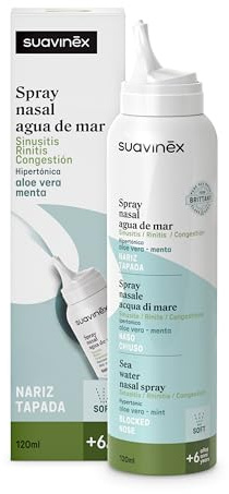 Suavinex, Spray Nasal con Agua de Mar, Apto Niños +6 Años, Hipertónico, Descongestionante, Rinitis y Sinusitis, para Lavados Nasales, con Aloe Vera y Menta, Fuerza Suave, 120 ml