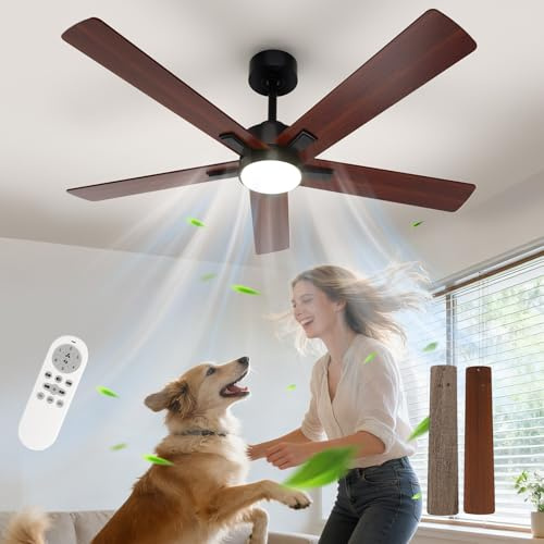 Comely 132 cm takfläkt med LED-fjärrkontroll, 6 tysta hastigheter, 3 färgtemperaturer, vändbar DC-motor, sommar/vinter, fläkt, taklampa för sovrum, vardagsrum, kök, valnöt