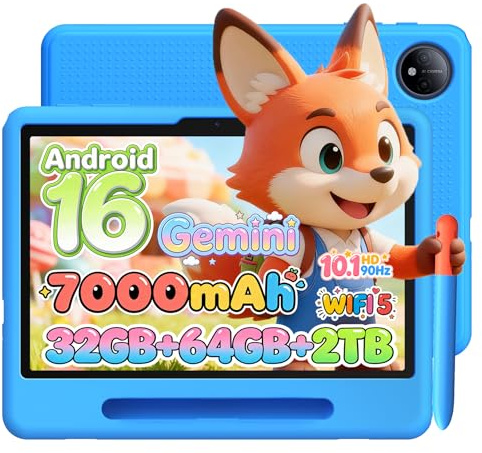 Luzglo P10 Kid Tablet Bambini 10 Pollici, Tablet Android 16, 90Hz, 32GB RAM+64GB ROM, 7000mAH, Vetro Curvo 2.5D, WiFi5/Face ID/OTG/Widevine L1, Include Accessori per Tablets per Bambini, Blu