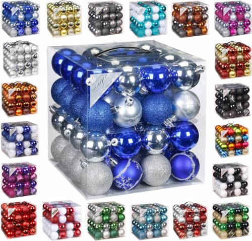64x Kunststoff Christbaumkugeln Ø 6cm Kugel Box Glanz Glitzer Matt Dekor Inge inkl. Aufhänger, Farbe:Blau-Silber