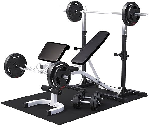 GORILLA SPORTS® Hantelbank - mit 75kg Gewichten, Hantelablage, Curlpult, Bodenschutzmatten, Verstellbar, Multifunktion, 8 Sternverschlüsse, Weiß - Kraftstation, Hantelset, Trainingsbank, Schrägbank