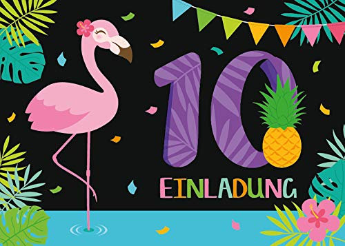 Junaversum 12 Einladungskarten zum 10. Geburtstag Kinder zehnte Kindergeburtstag Mädchen Flamingo