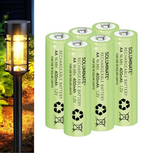 SOLUMINATE™ AA Rechargeable Solar Light Batteries 1.2V 400mAh NiMH (6-Pack) | Designed for use in outdoor garden solar lights. AA Size 50.5mm x 14.5mm. Very latest NiMH technology. A UK brand.