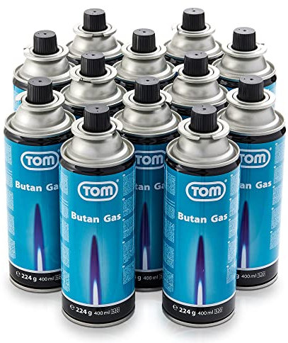 TOM 8 x, 12 x oder 28 x Butangas Kartuschen 227 mit MSF-1A Bajonett Ventil – Die Butan Gas Kartuschen sind ideal beim Camping für Campingkocher, Gaslampe & Co. oder für Unkrautbrenner, Flächenbrenner