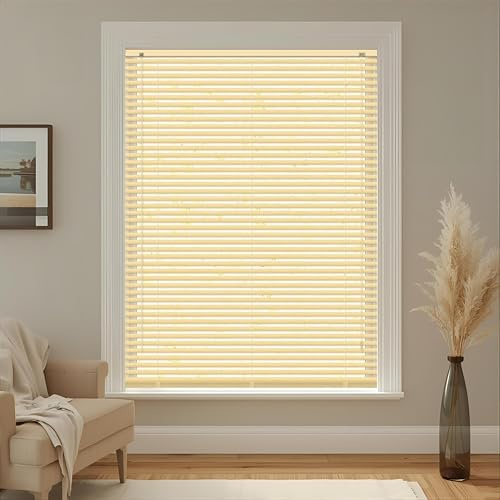 Natural - Wood Grain Effect PVC Venetian Blinds - Width 210cm x Drop 150cm | Child Safe Easy Fit Trimmable Fittings Tilt Control Wand Mechanism - Privacy shutters Perfect for Home offices Window Blind
