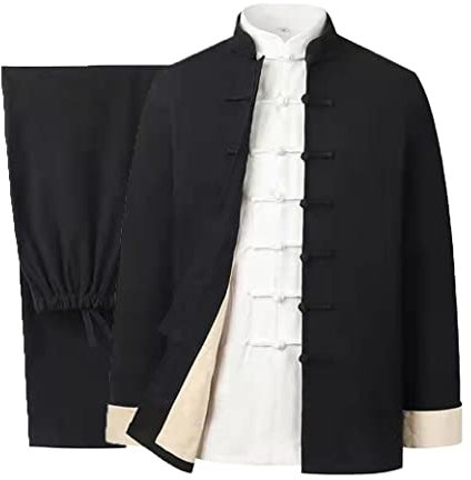 Baumwolle Leinen Tai Chi Uniform Set Tang Anzug Chinesische Traditionelle Kleidung Herren Kampfkunst Kleidung Atmungsaktiv Langarm Mantel Tops Hose, Kung Fu Uniform Zen Meditati, Schwarz , 4XL/5XL