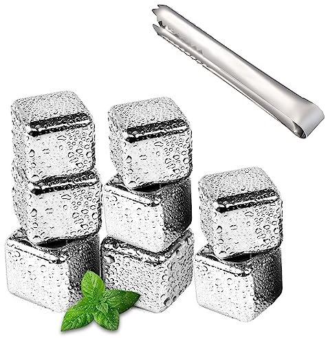 Nutabevr 8 Pezzi Cubetti di ghiaccio riutilizzabili, 304 acciaio inox Pietre di Whisky+Clip, Questo set cubetti di ghiaccio Per amanti del vino,Bourbon,Cognac,Gin,limonata