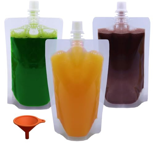 Yelinosk 20Pack Clear Drink Pouches 250ml with caps and Funnel for Festivals,Leak Proof Alcohol Juice Liquid Pouches Bags, Beverage Bags, Plastic Hip Flask for Parties, Picnic, Travel, Sports