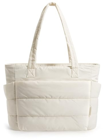 BAGSMART Tote Bag for Women, Lightweight Puffy Tote Bag with Compartments Shoulder Bag Handbag Quilted Shoulder Bag Handbag for Travel, Work, Beach, Gym, Shop(Beige)