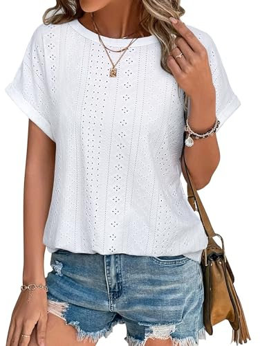 Bodhi talk Bluse Damen Elegant: Bluse Damen Modisch Kurzärmeliges - Sommer Lochstickerei Locker Pullover mit Rundhals Einfach - Einfarbig Strickoberteil Mesh Freizeit T-Shirt