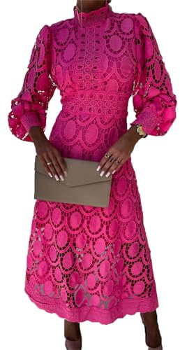 VIVICOLOR Vestido de manga larga para mujer, elegante, de encaje, acampanado, floral, hueco, para cóctel, fiesta, vestido midi