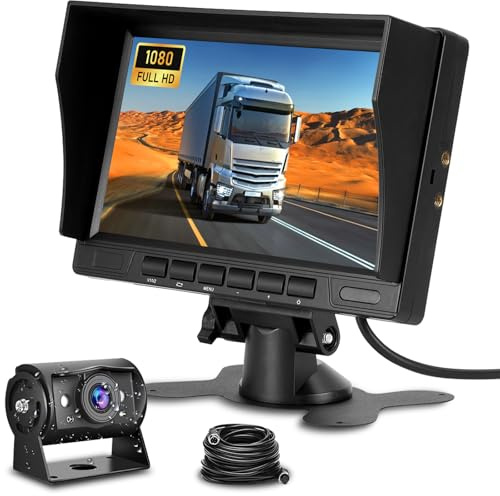 NHOPEEW Kit de Moniteur de Caméra 7 Pouces avec Caméra de Recul 1080P - Étanche IP69 / Vision Nocturne Super/Grand Angle - Kit Moniteur pour Camions/Bus/Remorques/Camping-Cars