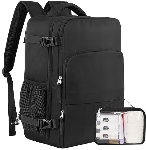 Sinaliy Travel Backpack, Carry on Flight approved Travel Bag with Multi-Pockets, Waterproof 17.3inch Laptop Backpack for Men Women, Black