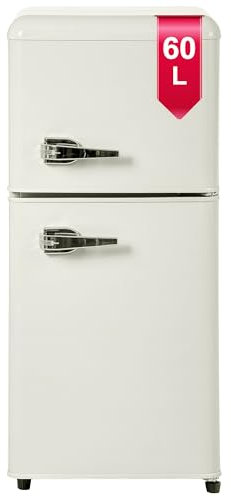 DRIXNO Retro-Kühlschrank, kühlschrank klein mit gefrierfach, Mini Kühlschrank Weiß, 60 Liter Gesamtvolumen, mit 22 Liter Gefriervolumen, 163 kWh/Jahr, LED-Licht.