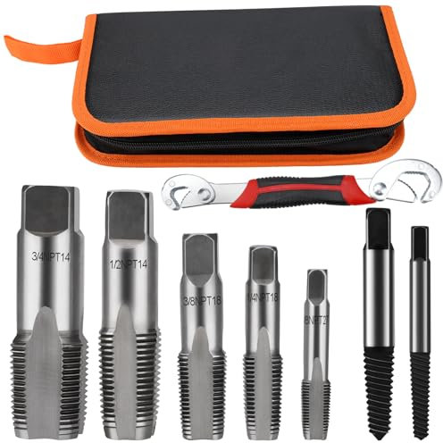 Juego de 8 machos de roscar NPT (1/8 a 3/4 pulgadas) con 2 extractores de tornillos y llaves con bolsa de almacenamiento de piel
