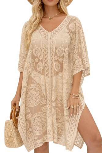 Vestido de playa sexy y elegante de encaje para mujer, pareo cubrebañador con cuello en V para vacaciones y fiestas, Beige