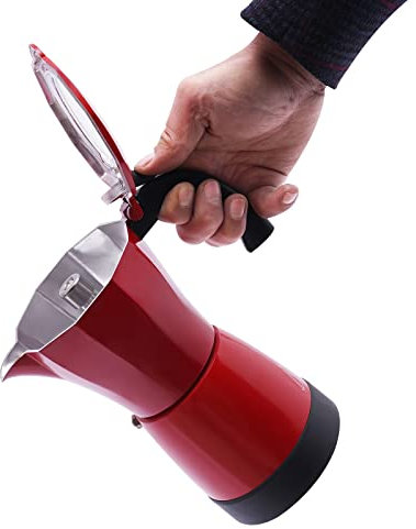 soudesileim Cafetière à expresso électrique 480 W avec base, 17 x 20 cm, machine à expresso 300 ml pour 6 tasses à expresso, cafetière italienne à induction pour expresso (rouge)